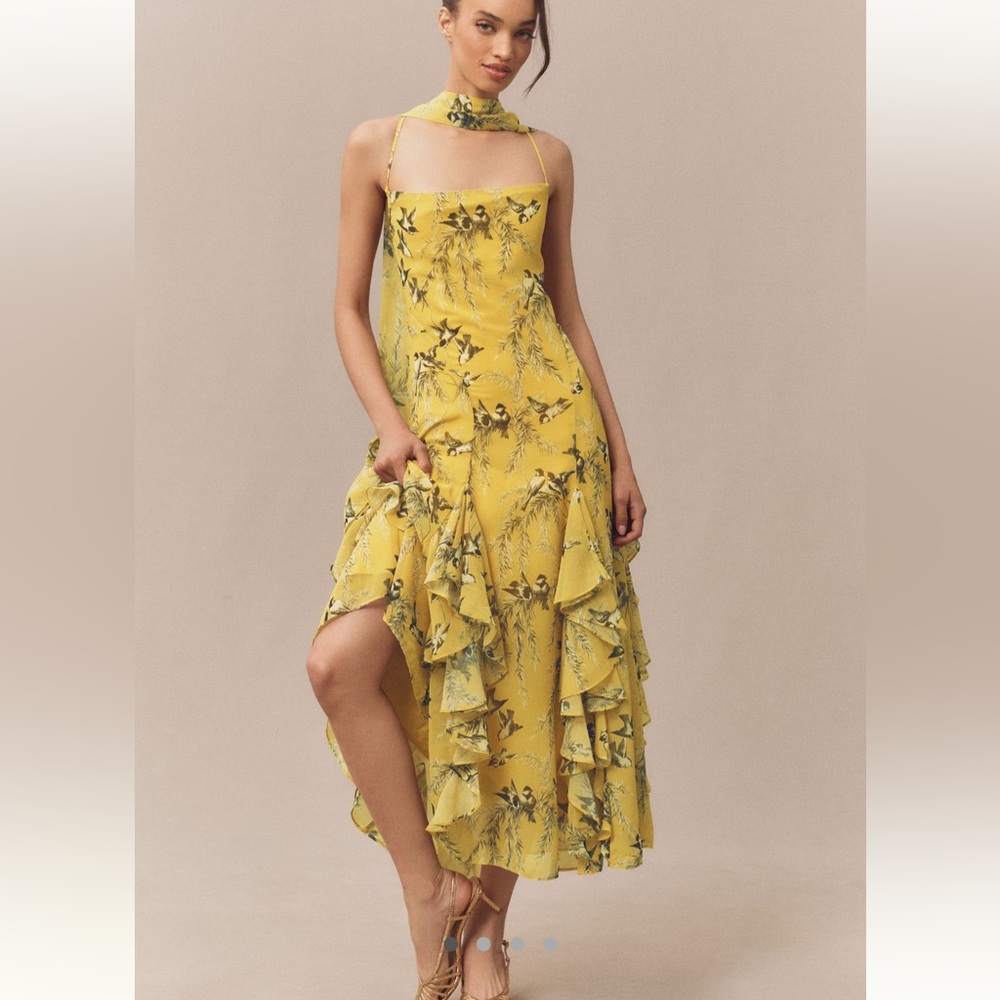 NWT BHLDN Chiffon Cowl-Neck Cross-Back Ruffle Midi Dress